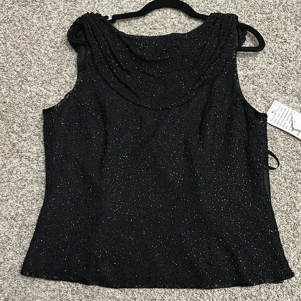 Vintage J Kara beaded drape neck sleeveless top, NWT L black beaded top